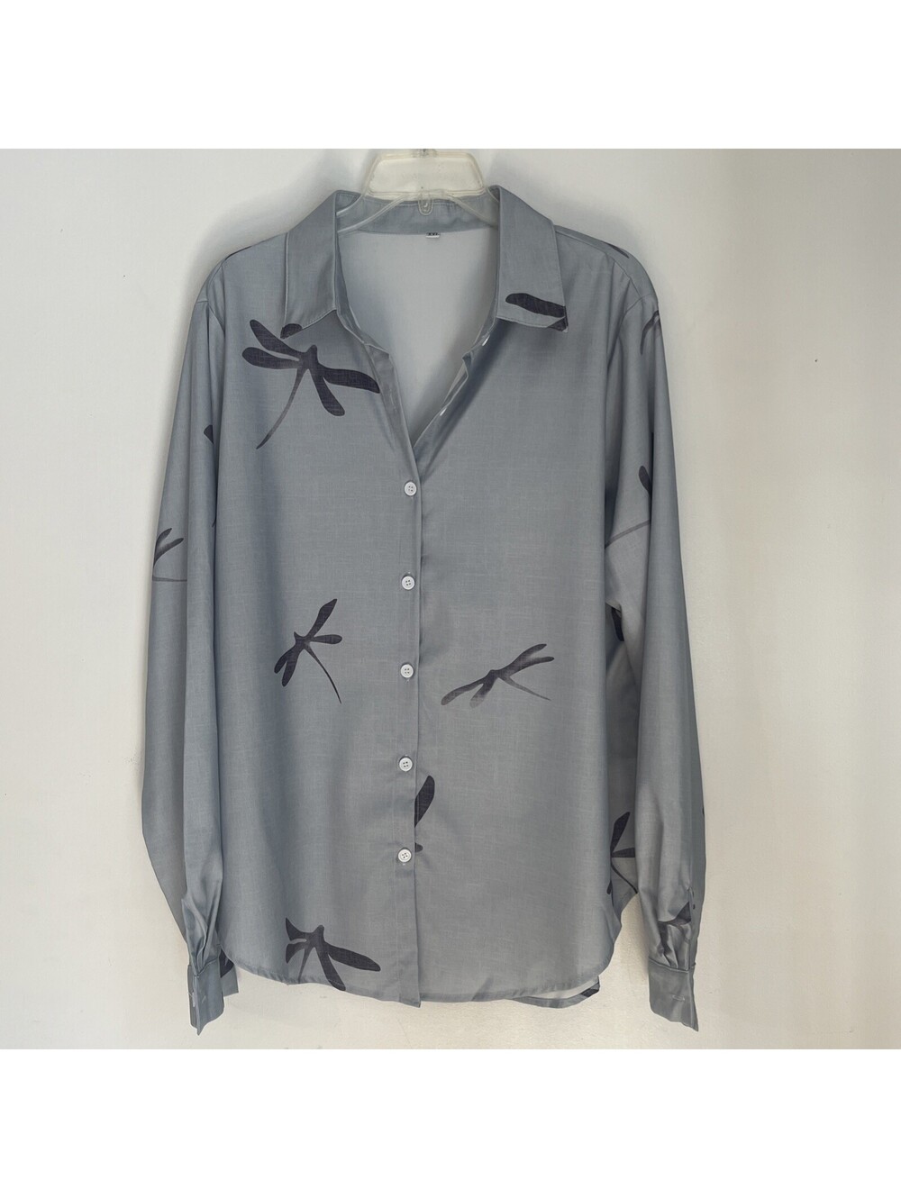 Dragonfly Print Button Down Blouse Shirt Grey Plus Size 2XL Thin Quick Dry Top